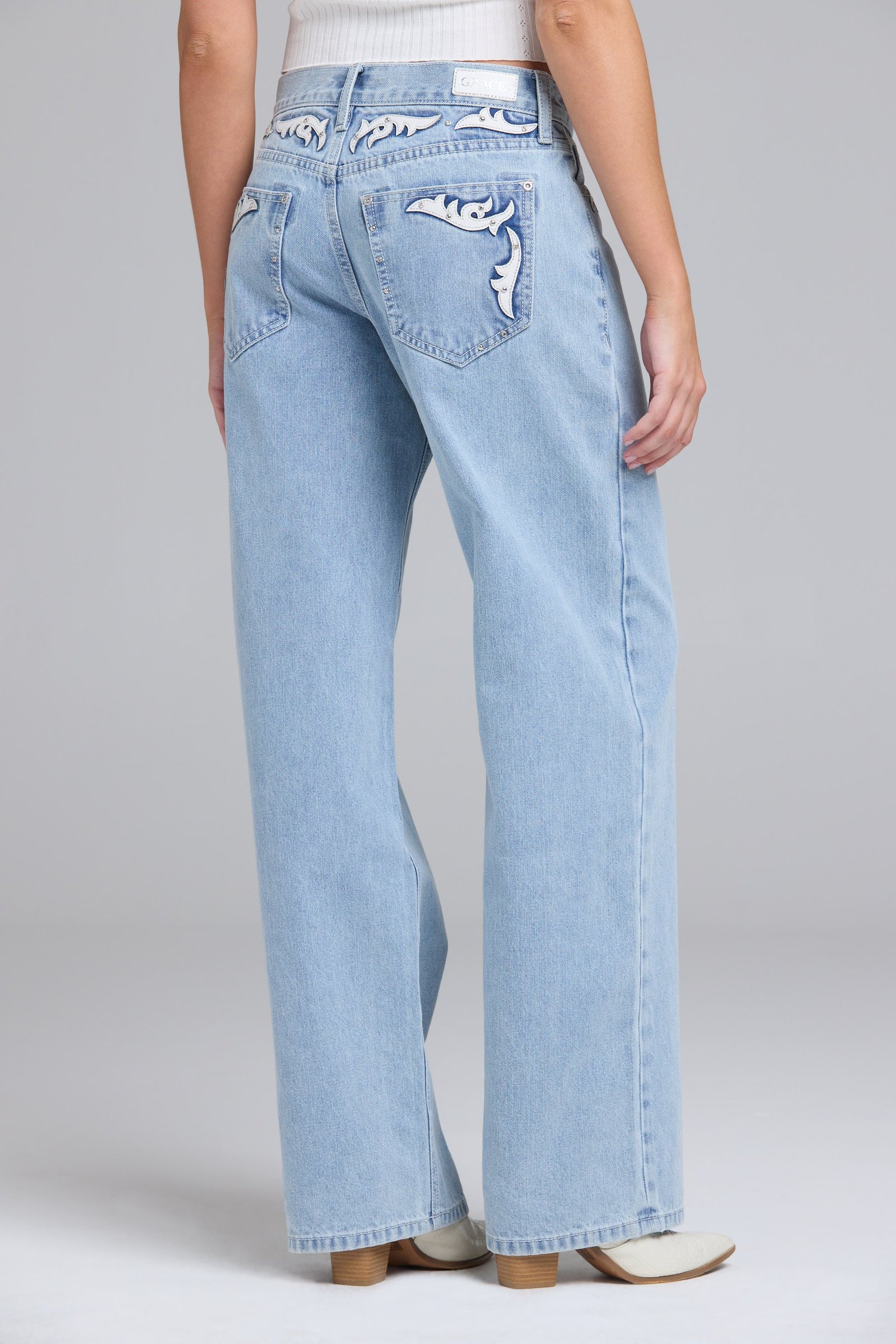 White Leather Embroidered Jeans